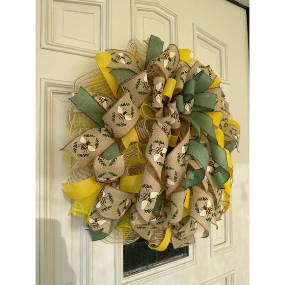 Honey Bee Ribbon Mesh Spring Summer Wreath, Farmhouse Front Door Hanger - Picture 3 of 4